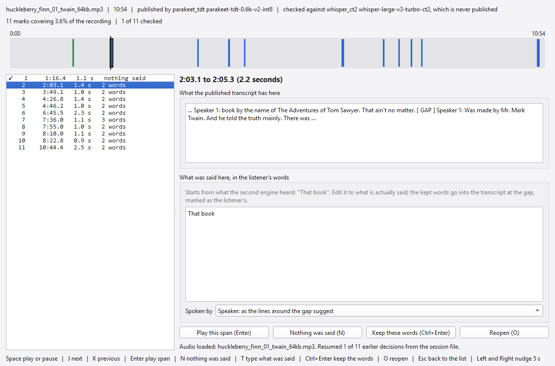 The verification screen: a bar of the whole recording with every mark, the list of marks, the published transcript either side of the gap, and the words box