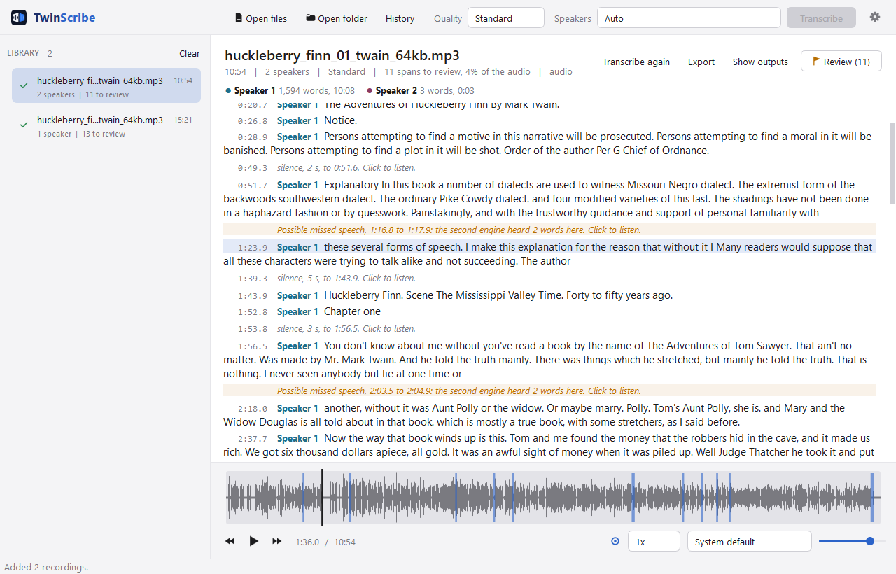 The window with a transcribed recording playing: the library on the left, the transcript following the playhead, the waveform timeline with the review marks
